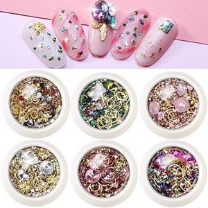 6 Wheels Mixed Sparkle Nail Art Rhinestones Diamonds Crystals Beads Artificial Pearls and Gold Silver Nail Studs Gems Metal Rivets Charms Hollow Moon Star Shaped (Micro Mini Stones kit)