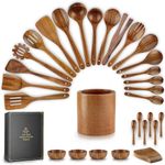 Zulay Kitchen 30-Piece Teak Wooden Utensils for Cooking - Natural Teak Utensil Set with Premium Gift Box - Non-Stick Wooden Spoons for Cooking - Kitchen Gift Set - Comfortable Grip Wooden Utensil Set