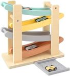 Joyreal Montessori Toys for 1 2 Year Old Boys and Girls - Soft Color Wooden Car Ramp Race Track Set with 4 Mini Cars & Garage - Christmas Birthday Gifts for Toddlers 1-3 Year Old