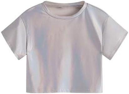 Verdusa Toddler Girl's Metallic Drop Shoulder Short Sleeve Round Neck Crop Tee Top Silver 7Y