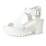 J. Adams Corby Platform Sandals for Women - T-Strap Chunky Mid Heel Sandal, White Pu, 5.5