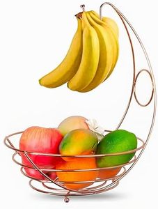 REGAL TRUNK & CO. Hanging Fruit Basket for Kitchen - Bowl with Banana Holder - Vegetable and Fruit Storage - Fruit Stand for Countertop, Rustic Style, Soft Lines - Bronze Coating Steel, 15"x11"x11"