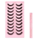 Kiusatig False Eyelashes Russian Strip Lashes Cat Eye Lashes Fluffy D Curl Wispy Fluffy Eyelashes 10 Pairs Eye Lashes with Lash Bond Lash Remover Lash Extension Kit