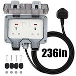 Outdoor Sockets Waterproof Double Socket, Weatherproof Outdoor Sockets with 6M Extension Cable Outdoor Outside Plug Socket 13A IP66 Wall Electrical Outlets Switched Socket Covers