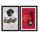 ArtX Big Motivational Quote Life Is A Beautiful Ride & Abstract Women Framed Painting, Multicolor, 12.5 X 18.5 inches each, Set Of 2