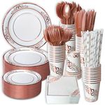 Cyxnslh 800 Pieces Rose Gold Disposable Dinnerware Set for 100 Guests, 200 Paper Plates - 100 Cups - 100 Napkins - 100 Straws - 100 Plastic Spoons - 100 Forks - 100 Knives for Birthday Party Wedding, YCXCJ-JS-00
