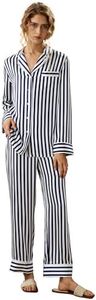 LilySilk Women The Amalfi Button-Up Full Length Striped Pajama Set 100% Pure Silk Sleepwear Set XS, Blue-White-Pinstripes