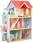 Giant bean Red Roof Wooden Dollhouse with Furniture Set for Girls, 2.6 feet High with Elevator, Doorbell, Light,15 Pieces Furnitures and 3 Dolls,Gream House Playset Toy Gift for Girls Ages 3-7+