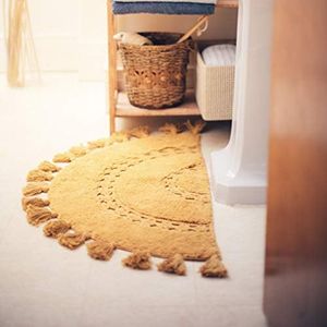 Half Circle Bohemian Bathroom Rug with Tassels & Crochet Insert -Beautifully Handcrafted 100% Cotton Mat - Half Round Boho Bedroom Rug-Boho Bathroom Decor-Slip Resistant Backing-Honey Mustard 42"x22"