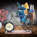 Kraftskala Handcrafted Vibrant Elephant Bicycle Desk Clock with Pen Holder – Unique Office Decor, Study Table Organizer, Home Accessory, Gift for Corporate Events, Birthdays, Festive Occasions (Jumbo)