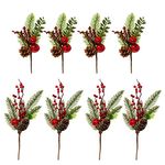 BANBERRY DESIGNS Pine Snowy Flower Picks 8 Pieces – Snow Flocked Red Holly Berry Pine Cone Holiday Floral Sprays – DIY for Christmas Crafts Party Festive Home Décor…