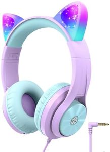 iClever Kids Headphones with Cat Ear Led Light Up, Safe Volume Limite Kids Wired Headphones, FunShare Foldable Over-Ear Headphones for Kids/School/iPad/Tablet/Travel, Meow Donut-Light Purple