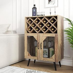 soges Free Standing Wine Cabinet with 11 Bottles Wine Racks Wine Holders,2 Doors Storage Cabinet Bar Cabinet with Cup Holders, Sideboard Buffet Cabinet for Dining Room Kitchen,10FJGSWT01OK-CA