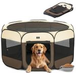 A 4 Pet Dog Playpen for Large Dogs, Portable and Collapsible Pet Playpen with Waterproof Bottom, Removable Zipper and Top, Dog pen Indoor/Outdoor Use, with Bowl, Brown