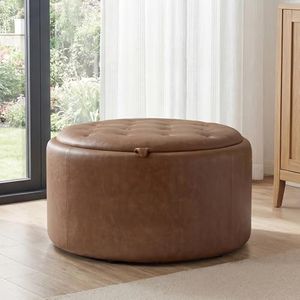 Tbfit Multi-Functional Round Storage Ottoman for Home - No-Assembly Footrest & Seat with Spacious Storage Plush Fabric Design for Living Room, Bedroom, Nursery, Brown
