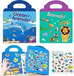 Reusable Sticker Books for Kids, 2 Sets Travel Removable Toddler Sticker Books for 3 4 5 Year Old Girls Boys Birthday Gifts Educational Learning Toys - Ocean & Zoo Animals