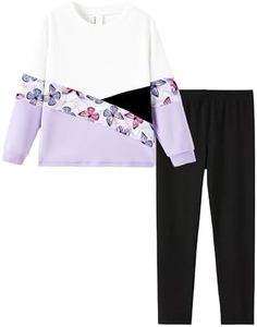 PATPAT Girls 2 Piece Outfits Size 8-9 Years, Purple Butterfly Color Block Sweatshirts and Leggings Clothing Sets Sweatsuit Fall Outfits Joggers Lounge Set Tracksuit Kids Clothes Girls