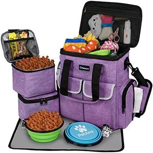 PetAmi Dog Travel Bag Pet Supplies Accessories Organizer for Traveling, Camping, Weekend; Cat Pet Travel Bag Kit Includes 2 Food Storage Containers, 2 Collapsible Bowls, 1 Feeding Mat (Purple)