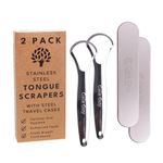 Gaia Guy Tongue Scraper for Adults (2-Pack), Reduce Bad Breath (Steel Travel Cases Included), Stainless Steel Tongue Cleaners, 100% Metal Tongue Scraper with Metal Case (Plastic-Free)