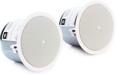 JBL Professional Control 26CT 6.5” in-ceiling speaker, with metal back-can. Utilizes multitap transformer for 70V line distribution. Set of 2. White, Paintable.