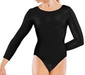 Jami Juniors Girls Dance Gymnastic Leotard Long Sleeve Round Neck Bodysuit Top Childrens Kids Ballet Party (Black, 13-14 Years)