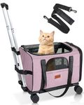 Cat Carrier with Wheels Airline Approved, Pet Dog Carrier with Wheels for Small Dogs, Rolling Cat Carrier for Large Cats Puppy Stroller Detachable and Foldable Pet Travel Bag Pink