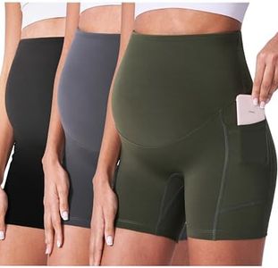 POSHDIVAH 3 Pack Black Grey Green Maternity Biker Shorts Over The Belly Summer Comfy Pregnancy Yoga Active Workout Athletic Short Pants 5" Small