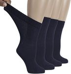 Hugh Ugoli Women's Cotton Diabetic Crew Socks, Wide, Thin, Loose Fit and Stretchy, Seamless Toe & Non-Binding Top, 4 Pairs, Navy Blue, Shoe Size: 9-12