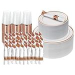 Prestee 350 Pc Disposable Dinnerware Set for 50 Guests - Rose Gold - Reusable Party Supplies Set incl. 50 of Dinner Plates, Salad Plates, Knives, Forks, Spoons and Cups, Wedding Reception Supplies