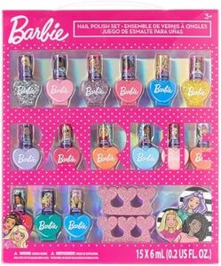 Barbie 18 Piece Set Kids Water Based Nail Polish Makeup Set, Includes 15 Nail Polishes with 2 Toe Spacer and 1 Nail File for Girls Ages 3+ by Townley Girl