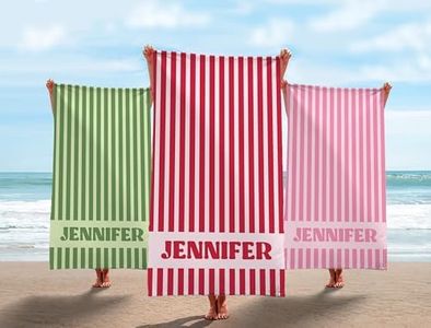 Personalized Beach Towels, Customized Sand Free Quick Dry Striped Pool Party Towels, Birthday Vacation Gift, Striped Design with Custom Name, 12 Colors, Multiple, Family Trip Gift