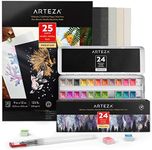 ARTEZA Metallic Watercolor Paint Art Set, 24 Half-Pans, Water Brush Pen, Toned Watercolor Paper, 25 Sheets, 5 Shades