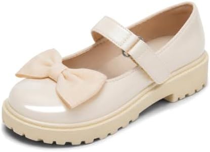 Coutgo Girls Mary Jane Dress Shoes Bow Closed Toe Chunky Heel Flats Platform Loafers School Uniform Shoes, Beige, Size 4