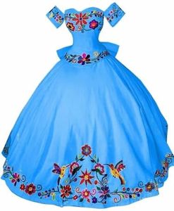 Mexican Quinceanera Dresses with Sleeves Off The Shoulder Vestido De 15 Anos Charro Vintage Charro Satin Prom Night Out Club Wedding Guest Dress Blue 24