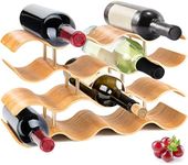 SereneLife Bamboo Wine Rack - 4 Tier Countertop Shelf with Slots That Holds 14 Bottles, Unique Stackable Wooden Holder, Save Space for Cabinet, Kitchen and Pantry, Modern Contemporary Wave Design