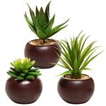 MyGift Miniature Artificial Succulents Plants, Fake Indoor House Bathroom Decorative Plants in Round Brown Ceramic Pots, Set of 3