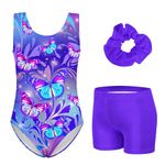 ACOCOPY Girls Gymnastics Outfits Purple Butterfly Print Gym Leotards One-piece Tumbling Dance Unitards with Shorts Size 4-5