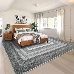 GarveeHome 8x10 Washable Area Rugs Modern Braided Printed Accent Rug with Non-Slip Backing, Foldable Low Pile Floor Cover, Bordered Indoor Carpet for Living Room, Bedroom, Grey