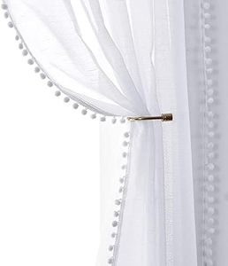 Treatmentex Cortinas Blancas Transparentes con Pompones para Sala,Cortinas de Ventana con Apariencia de Lino para Dormitorio, Filtrar Algo de luz de Sol, 140x245cm,Bolsillo para Varilla,2 Paneles