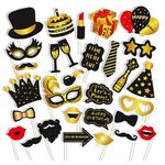 Photo Booth Props Birthday, 30 PCS Funny Party Photo Booth Frame Kit Black and Gold Selfie Props Photobooth for 20th 30th 40th Birthday Decorations with Lips Hats Crowns