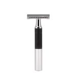 MÜHLE NEO safety razor | double edge safety razor | sustainable eco-friendly and reusable | fits all standard DE razor blades | for men and women | chrome with black silicone grip handle