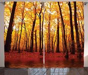 Ambesonne Nature Curtains, Forest Trees in The Fall with Orange Warm Leaves Lake Woodsy Design Farmhouse, Living Room Bedroom Window Drapes 2 Panel Set, 108" X 84", Orange Brown