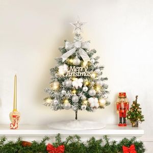 MACTING 2FT Mini Christmas Tree with Lights, 26 Inch Silver Small Artificial Flocked Xmas Tree with Christmas Ball Ornaments and Snow for Home Decorations Centerpiece Fireplace Desktop Table Top Decor