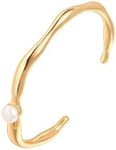 PERNNLA PEARL Dainty Gold Bar Bracelet for Women Simple Delicate Thin Cuff Bangle Hook Bracelet 18K Gold Plated Handmade Minimalist Jewelry, 6.3cm, Metal, Pearl