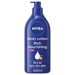 NIVEA Rich Nourishing Body Lotion (625ml), Rich 72H Hydration NIVEA Moisturiser for Dry Skin Made with Deep Moisture Serum and Almond Oil, Extra Large NIVEA Body Lotion