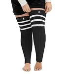 SherryDC Women's Plus Size Extra Long Leg Warmers Wide Thick Thigh High Footless Socks Over Knee Boot Stockings with Belt, 841 Black+white Stripes, One Size