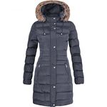 Spindle Womens Long Fur Trimmed Hooded Padded Puffer Parka Ladies Winter Jacket Coat Blue 8