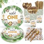 175 Pcs Wild One Birthday Decorations Plates Set 25 Guests, Safari Jungle Theme Paper Plates Napkins Cups Cutlery Set Boys First 1st Party Supplies