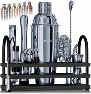 BARE BARREL® Cocktail Making Kit | 14-Piece Bartender Kit Cocktail Shaker Set Maker | Display Stand & 35 Recipe Cards | Mixology Cocktail Gift Set (675ml/24oz Cobbler Shaker, Gray/Black)