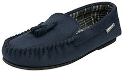 DUNLOP Mens Famous George Moccasin Loafers Faux Sheepskin Fur Slippers with Rubber Sole (9 UK, Navy Check Duke)